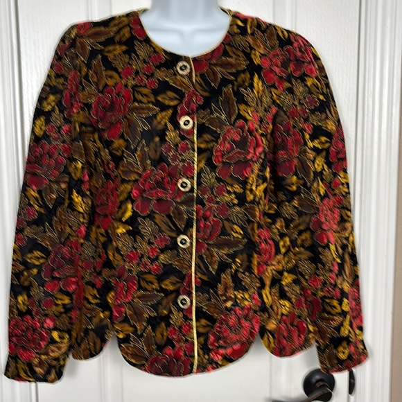 VTG R & K Evening Women's Velvety Roses Buttons Gold Trim Holiday Blazer Medium - Picture 1 of 4